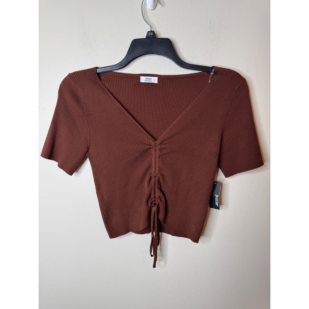 Ardene Brown Ribbed Cinched Front V-Neck Crop Top Short Sleeve L